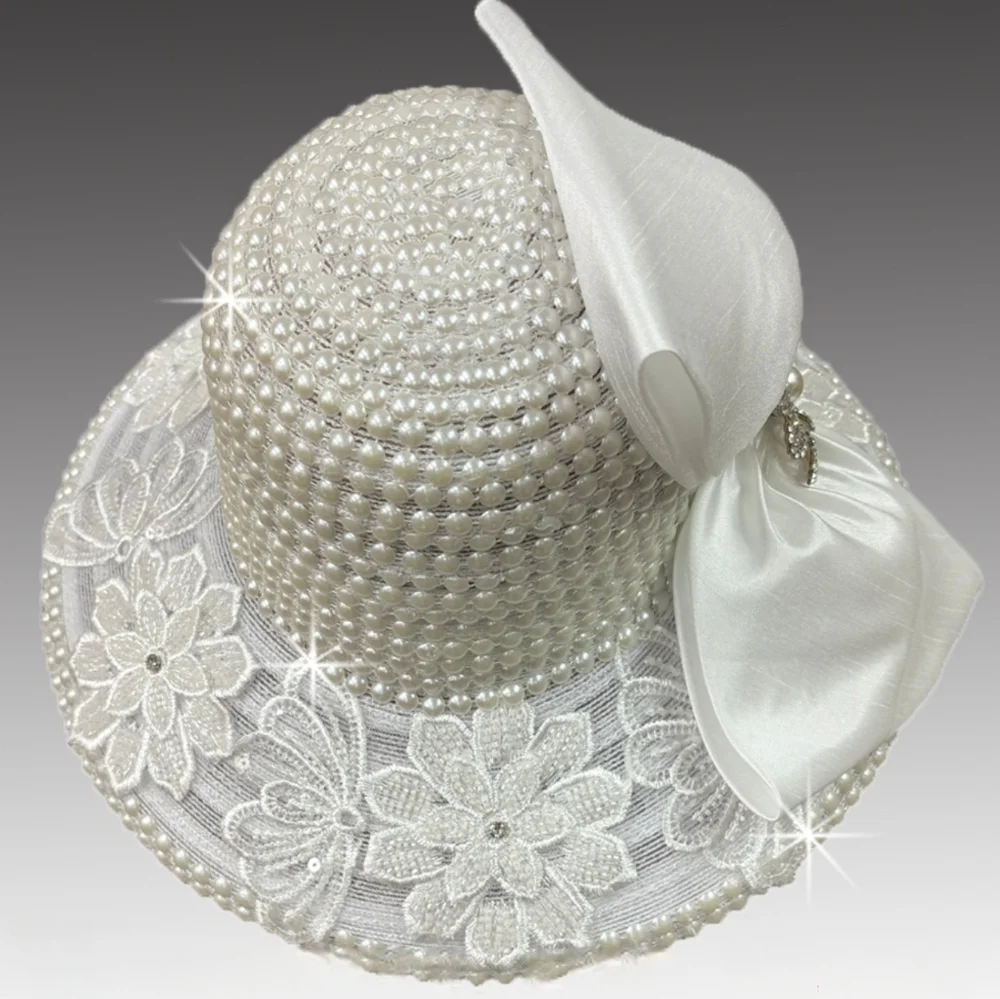 Beloved Millinery Couture Elegant White Pearl Jeweled Hat w/ Matching Gloves